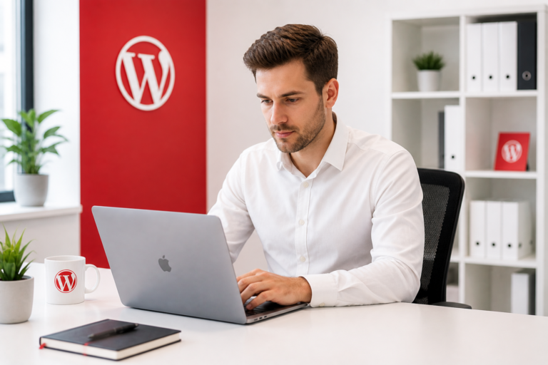 WordPress developer working on a laptop in a modern office with WordPress branding