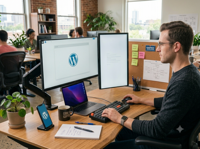 WordPress developer working at a computer in a modern office