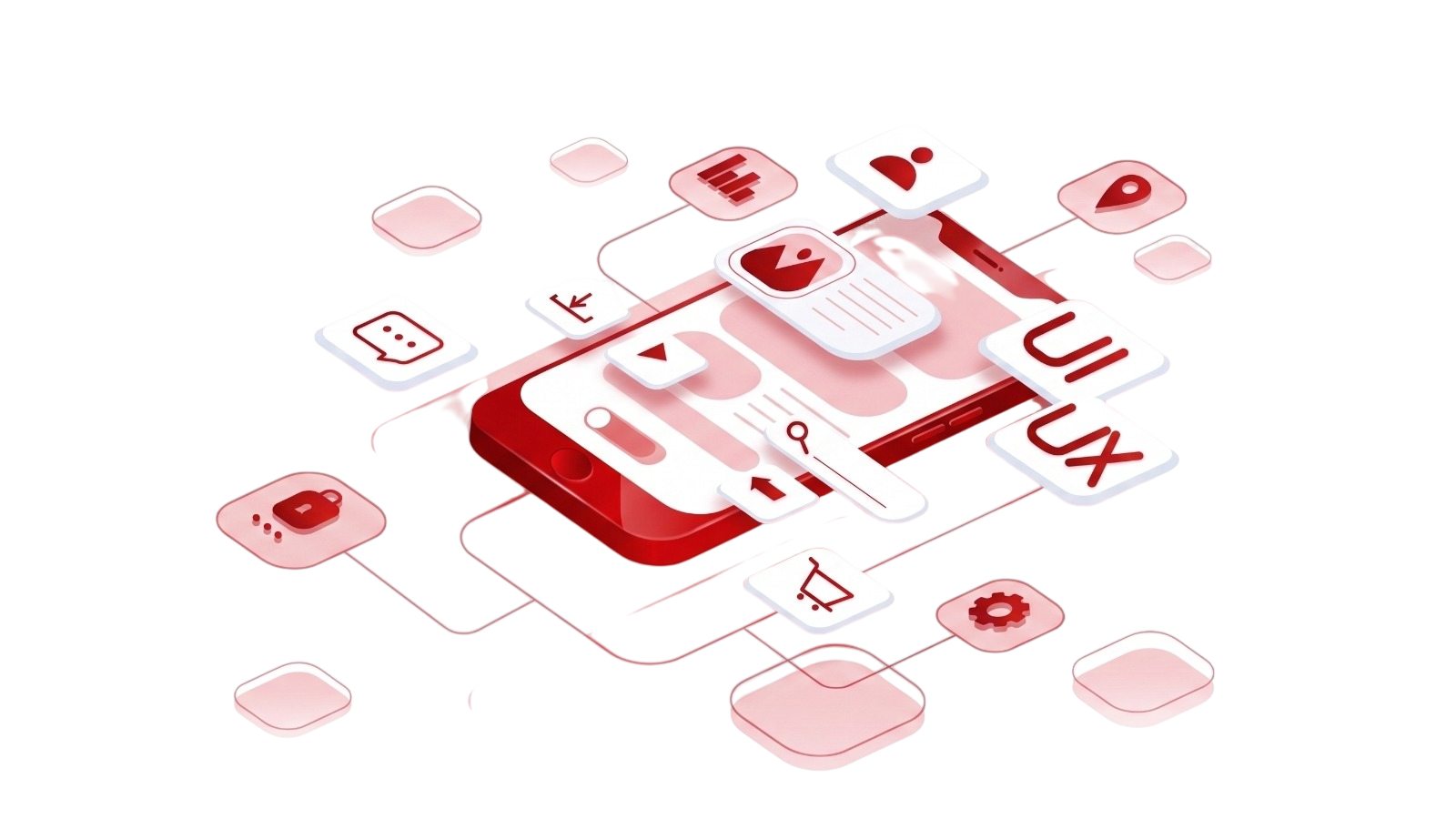 3D isometric illustration showing smartphone UI UX layout wireframes and screen structure