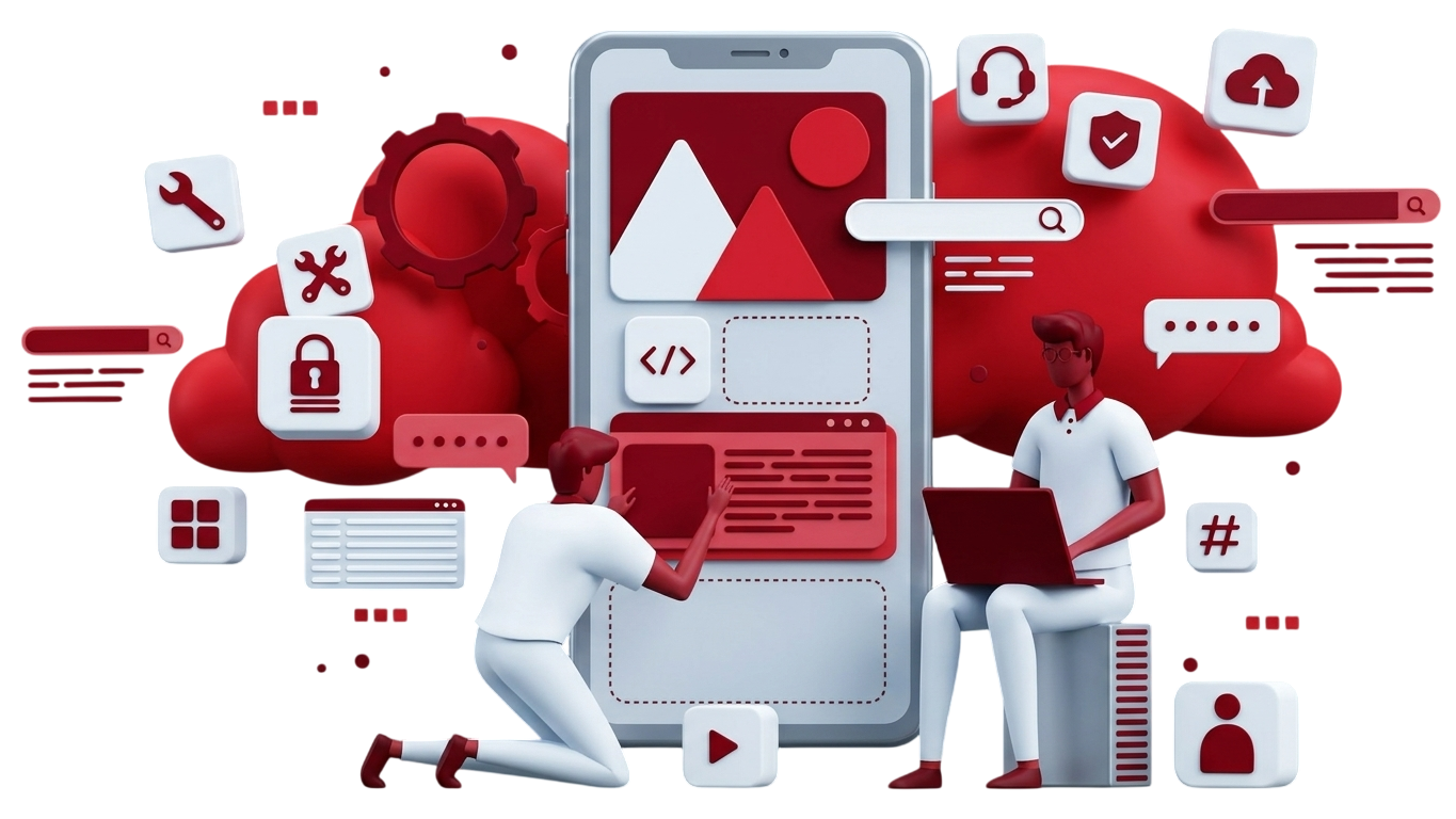 3D developers building a responsive mobile app interface with code blocks, cloud integration, and stability tools.