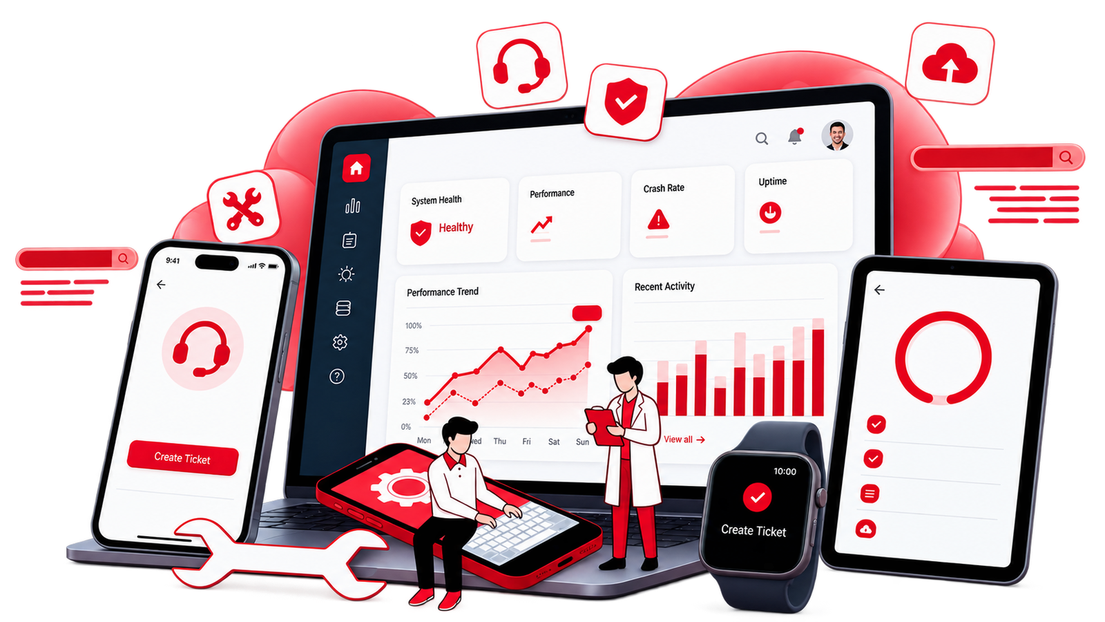IT support team performing proactive iOS and Android OS updates and dashboard monitoring.