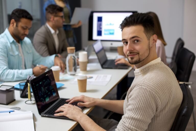 Software development team working together in a modern office